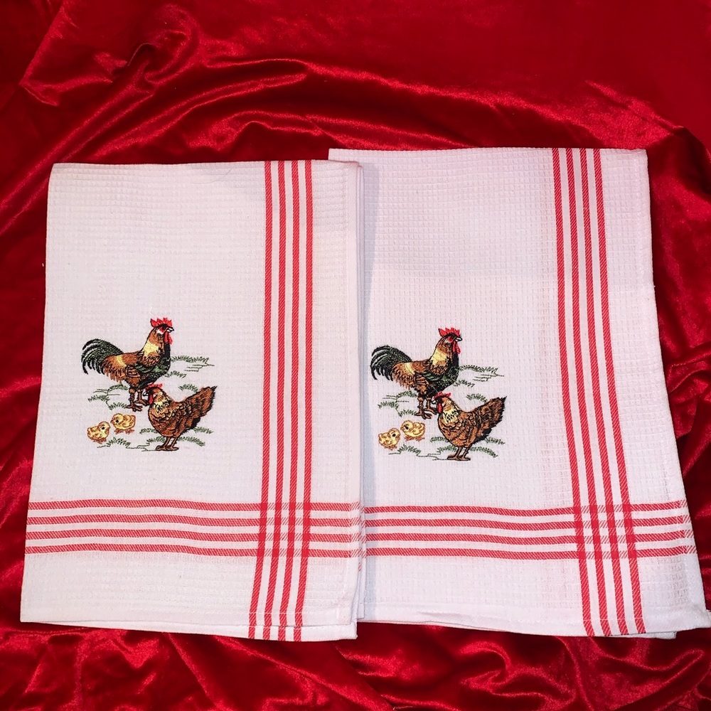 2  Embroidered Chicken rooster Tea Towels New